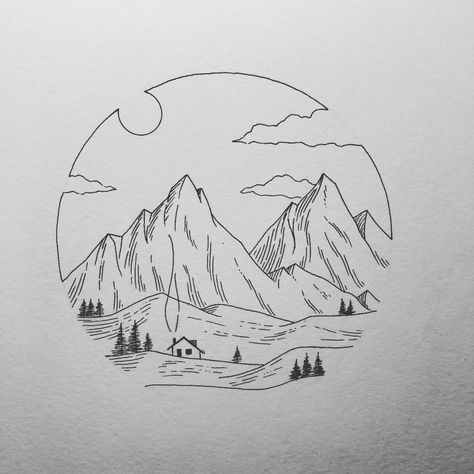 Simple little landscape... I am thinking of adding a nightly to this one thinking 🤔 Hope you have a great day. . . . #lostswissmiss… Pencil Sketches Landscape, Landscape Drawing Easy, Carcase Iphone, Ariel Drawing, Mountain Sketch, Mountain Drawing, Mountain Tattoo, Creative Gardening, Nature Drawing