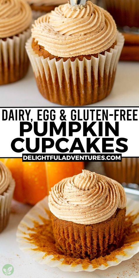 Two images of pumpkin cupcakes, text says dairy, egg, and gluten-free pumpkin cupcakes. Gluten Free Pumpkin Cupcakes, Vegan Pumpkin Cupcakes, Dairy Free Pumpkin Recipes, Gf Thanksgiving, Egg Free Cupcakes, Gluten Free Pumpkin Desserts, Dairy Free Thanksgiving, Dairy Free Cupcakes, Gluten Free Pumpkin Recipes