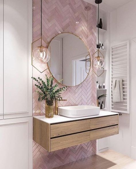 Pink Bathroom Tiles, Bad Inspiration, Hus Inspiration, Pink Bathroom, Dream Bathrooms, Building A New Home, Bathroom Renos, Bathroom Style, Small Bathroom Remodel