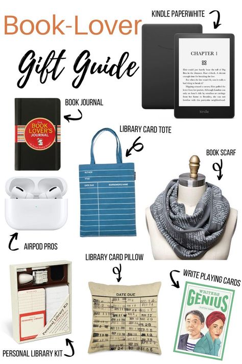 Looking for book lover gift ideas? Then look at our book-lover gift guide. Packed with great items like the kindle paperwhite, book journal, library card tote bag, personal library kit, and writer playing cards. Personal Library Kit, Book Lover Gift Ideas, Journal Library, Bookish Christmas, Literature Gifts, Lover Gift Ideas, Library Display, Personal Library, Library Displays