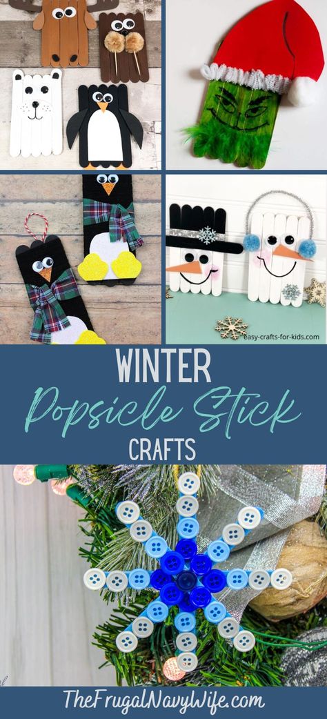 Looking for fun and festive crafts for the kiddos this winter? These cute and easy winter popsicle stick crafts are perfect for little hands. #wintercrafts #popsiclesticks #crafting #holiday #frugalnavywife #kids #christmascrafts | Winter Popsicle Stick Crafts | Kids | Holiday Crafting | Winter Crafts | DIY | Popsicle Stick Penguin Ornament, Diy Christmas Ornaments Using Popsicle Sticks, Popsicle Stick Snowflake Craft, Popsicle Stick Winter Crafts, Holiday Popsicle Stick Crafts, Snowflake Popsicle Sticks Ornament, Winter Popsicle Stick Crafts, Snowman Popsicle Stick Craft, Popsicle Stick Crafts For Kids Christmas