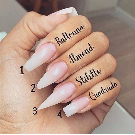 1 2 3 or 4?  Ballerina Almond Stiletto or Quadrada?  Which nail shape you like more ? cr: @leticiagama_ Acrylic Nail Shapes, Nagel Tips, Ballerina Nails, Nail Forms, Nagel Inspo, Pretty Acrylic Nails, Nail Shapes, Cute Acrylic Nails, Perfect Nails