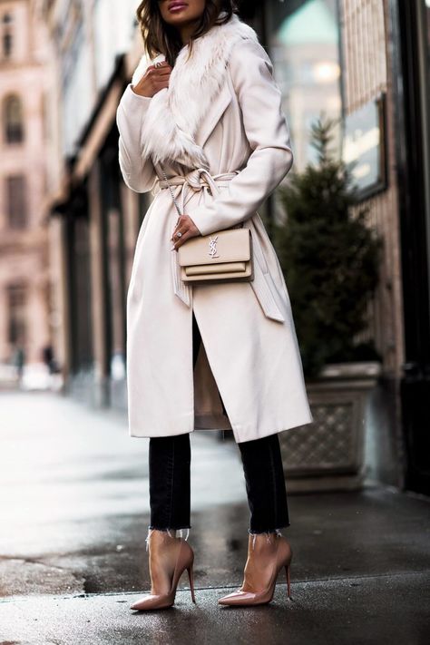 fashion blogger mia mia mine wearing a saint laurent crossbody bag and louboutin heels Ysl Bag Outfit, Mia Mia Mine, Mia Mia, Statement Coat, Bag Outfit, Christian Louboutin So Kate, So Kate, Early Spring Outfits, Edgy Style