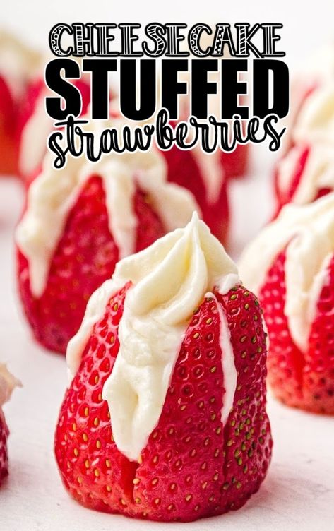 These Cheesecake Stuffed Strawberries are fresh juicy strawberries filled with sweet cream filling that make a perfect little dessert treat! Quick And Easy Cheesecake, Strawberry Cream Cheese Pie, Cheesecake Stuffed Strawberries, Cheese Cake Filling, Stuffed Strawberries, Strawberry Cheesecake Recipe, Cream Cheese Pie, Cake Filling, Strawberry Dessert Recipes