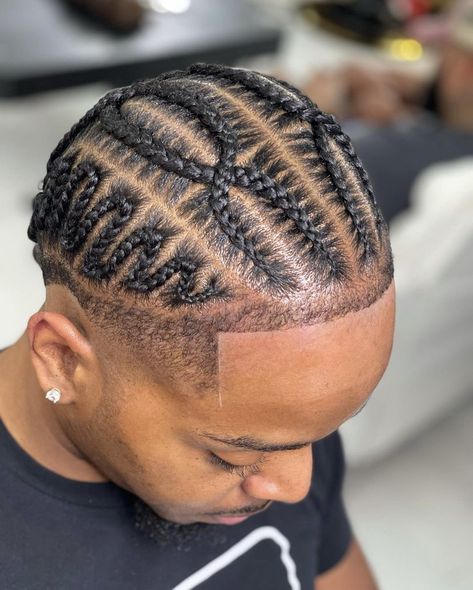 Braid With Fade Men, Men Braids With Designs, Mens Cornrows With Fade, Mens Plats Braids Short Hair, Cornrows With Designs Men, Men’s Box Braids Styles, Men Braids Hairstyles Short Hair, Cornrow Hairstyles For Men Fade, Guys Cornrow Hairstyles