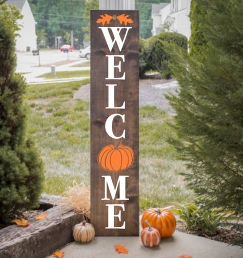 Pumpkin Porch, Porch Sign Svg, Porch Pumpkins, Wooden Porch, Front Porch Signs, Wooden Pumpkins, Pumpkin Fall Decor, Fall Front Porch, Fall Decorations Porch