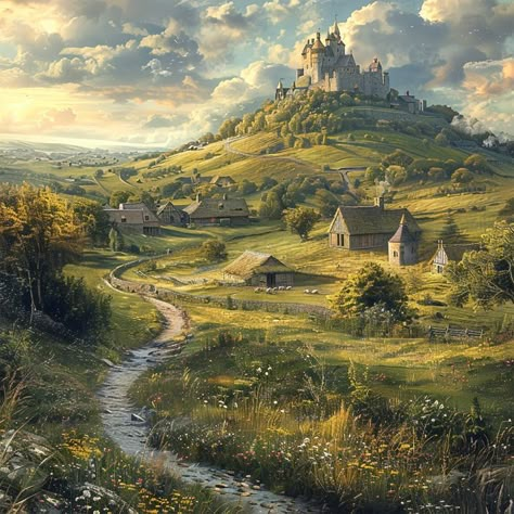 Fantasy Village, Castle On The Hill, Medieval Aesthetic, Old Castle, Fantasy Town, Rpg Map, Fantasy City, Fantasy Castle, Fantasy Setting