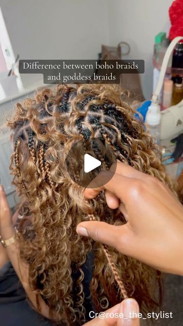 Vicky on Instagram: "This is so helpful to let me know the difference between boho braids and goddess braids 📖📖📖 💁‍♀️Cr: @rosrokstyles  _______________________ #braidsstyles #braider #braider #fypシ゚viral #bohobraids #goddessbraids #borabraids" Pictures Of Braided Hairstyles, Braided Hair With Shaved Sides, Boho Braids Black Women With Color, How To Goddess Braids Hair Tutorials, Adding Boho Hair To Braids, Boho Braids Shaved Sides, Goddess Braids Vs Boho Braids, Messy Boho Knotless Braids, Goddess Braids Shaved Sides