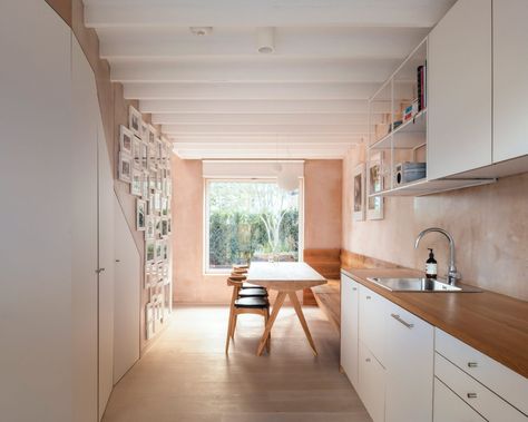 VATRAA adds pink plaster walls in south London council house renovation Council House Renovation, White Wash Oak Floor, Pink Kitchen Walls, Council Flat, White Washed Floors, Council House, White Washed Oak, British Home, White Ceiling