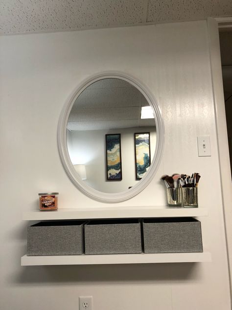 Tiny Home Makeup Vanity, Floating Shelves For Makeup, Floating Makeup Shelf, Diy Wall Vanity Makeup Floating Shelves, Small Vanity Ideas Bedroom Floating Shelves, Floating Shelf Vanity Bedrooms, Floating Shelves Vanity Bedrooms, Make Up Shelves Ideas, Vanity Ideas Bedroom Small Spaces