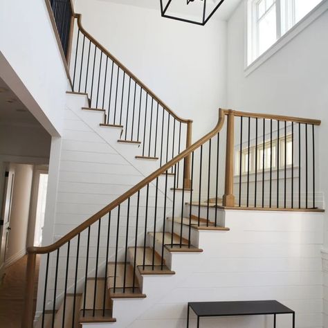 75 Large Transitional Staircase Ideas You'll Love - October, 2024 | Houzz Upstairs Staircase Ideas, Two Turn Staircase, Iron Wood Staircase, Colonial House Staircase, White Oak And Black Staircase, Black Iron Staircase Railing, 180 Staircase, Traditional Stair Railing Ideas, Catwalk Staircase