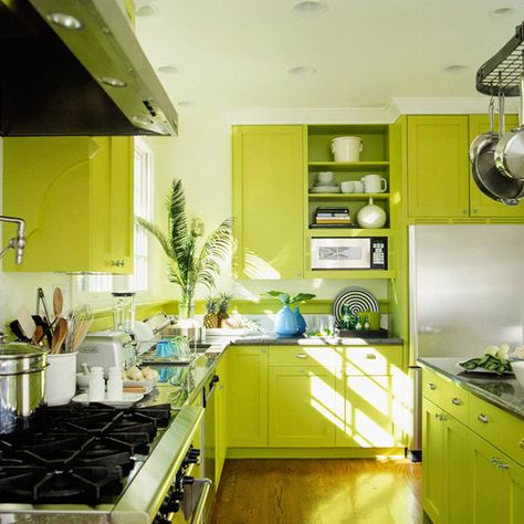 Use Your Favorite Color        You are sure to love your room if you choose your favorite color to be the base of the scheme as in this bold lime kitchen.        Editor's Tip: Balance bold hues with white, off-white, or one harmonizing shade through the accents and secondary elements Chartreuse Kitchen, Cabinets Styles, Lime Green Kitchen, Green Appliances, Kitchen Cabinet Color Ideas, Painted Kitchen Cabinets Colors, Green Kitchen Cabinets, Interior Color Schemes, Clean Green