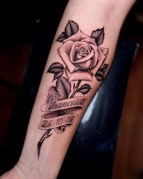 #creativetattoo #newink #tattooartists #colortattoos #tattooinspiration #inkaddict #newtattoo #colourtattoo #tattooinspo #tattooidea Banner Tattoos, Pasta Tattoo, Rip Tattoos For Dad, Leon Tattoo, Banner Tattoo, Rose Tattoo With Name, Dragon Tattoo Drawing, Geometric Wolf Tattoo, Rip Tattoo