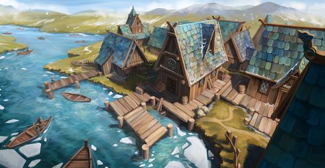 ArtStation - Spring in the fishing village, Lada Sh Fishing Villages Concept Art, Fishing Town Fantasy Art, Fisherman Village Concept, Fishing Village Fantasy Art, Fantasy Water Village, Seaside Village Fantasy Art, Fantasy Fishing Town, Fantasy Fishing Village, Fishing Village Concept Art