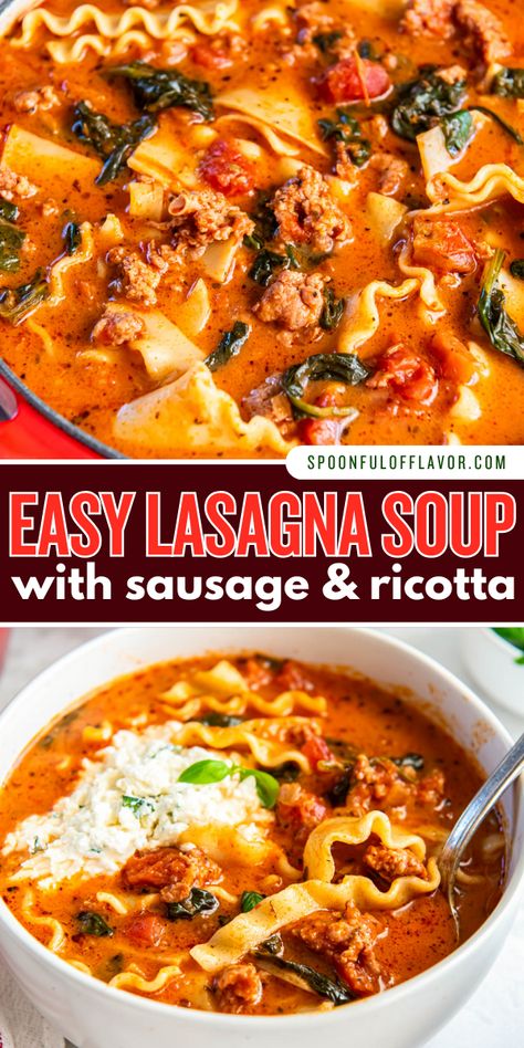 Lasagna Soup is the perfect comfort food served in a bowl and topped with creamy ricotta cheese. It’s made with fresh spinach, tomatoes, Italian sausage, lasagna, herbs and more. Enjoy this family friendly soup that cooks in less than 35 minutes! Lasagna Soup With Sausage, Lasagna Soup Stove Top, Sausage Lasagna Soup, Soup Recipes For Dinner, Quick And Easy Soup Recipes, Lasagne Soup, Lasagna Soup Crockpot, Pasta Soup Recipes, Italian Sausage Lasagna