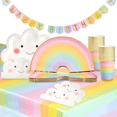 PRICES MAY VARY. Serves 24: This 99-piece kids birthday party pack serves 24 guests; the pack contains 24 cloud paper plates, 24 rainbow paper plates, 24 napkins, 24 cups, 2 table covers, and 1 birthday banner Rainbow Decorations: The colorful tableware set, napkins, and paper cups feature cute rainbows and smiling clouds; the rainbow party kit is perfect for creating a celebratory atmosphere for your upcoming birthday party Quick and Easy Cleanup: An ideal alternative to traditional plastic par Cloud Nine Party, Threenage Dream, Pastel Rainbow Birthday Party, Colorful Tableware, Rainbow Birthday Decorations, Rainbow Party Supplies, Rainbow Themed Birthday Party, Birthday 10, Rainbow Party Decorations