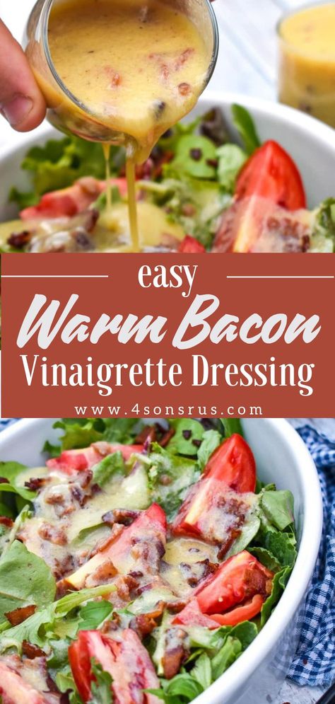 Warm bacon vinaigrette dressing is the perfect complement to any salad. This indulgent dressing will instantly jazz up any salad and make it a mouthwatering addition to any meal! View this easy recipe at 4sonrus.com. Bacon Vinegarette Dressing Recipe, Warm Salad Dressings, Cranberry Vinaigrette Dressings, Home Made Salad Dressing Vinaigrette, Vinegarette Dressing Recipes, Vinegrette Salad Dressing Homemade, Vinagrete Dressing Recipe, Vingerete Dressing Recipes, Homemade Dressings For Salads