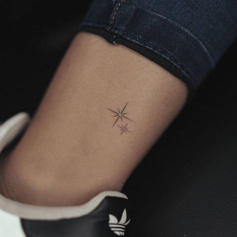 Minimalist north star tattoo on the ankle. North Star Minimalist Tattoo, Stars On Ankle Tattoo, Northern Stars Tattoo, Second Star To The Right Tattoo Simple, North Star Ankle Tattoo, Simplistic Star Tattoo, North Stars Tattoo, Star On Ankle Tattoo, Minimalist North Star Tattoo