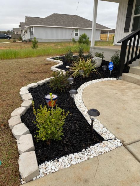 Landscape make over 
White marble stones Outside Mulch Landscaping Ideas, Simple Front Yard Landscaping Ideas With Rocks, Rocks Around Front Porch, Front Of House Rock Landscape Ideas, Half Mulch Half Rock Landscaping, Easy Cheap Front Yard Landscaping, Landscaping Inspo Front Yard, Front Of Deck Landscaping, Flower Beds In Front Of House Simple