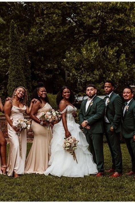 Green And Gold Wedding Party Attire, Gold And Green Bridal Party, Green And Gold Bridal Party, Hunter Green Wedding Party, Gold And Green Bridesmaid Dresses, Green And Gold Wedding Party, Green And Gold Bridesmaid Dresses, Green Champagne Wedding, Green And Champagne Wedding