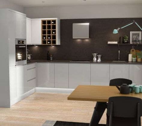 J Pull Pebble Gloss Grey Gloss Kitchen, Grey Kitchen Ideas, Artistic Kitchen, Wren Kitchens, Flatpack Kitchen, White Gloss Kitchen, Grey Kitchen Floor, Wren Kitchen, Gloss Kitchen