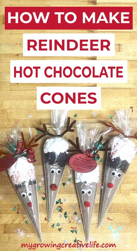 Reindeer Hot Chocolate Cones, Hot Cocoa Gift Ideas, Hot Chocolate Xmas, Christmas Hot Chocolate Gifts, Hot Chocolate Cones, Pipe Cleaner Crafts For Kids, Homemade Stocking Stuffers, Easy Diy Christmas Gift, Hot Chocolate In A Jar