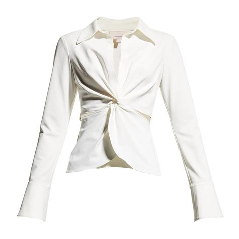 A Twisted Front, Cutout Detail Elevates This Classic Collared Blouse With A Feminine Feel. Spread Collar Long Sleeves Twist Front, Cutout Wrapped Petal Hem Bell Cuffs Size Xs Polyester/Polyurethane Dry Clean Imported Cutout Blouse, Cutout Top, White Collared Shirt, Collared Blouse, Cinq A Sept, Pretty Blouses, Wrap Blouse, Work Wardrobe, Mom Outfits