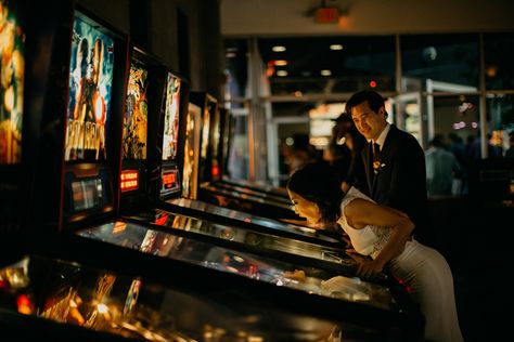 Arcade Theme Wedding, Arcade Prom Pictures, Arcade Photoshoot Engagement, Pinball Engagement Photos, Arcade Wedding Reception, Arcade Prewedding, Arcade Couple Aesthetic, Arcade Couples Photoshoot, Arcade Wedding Photos