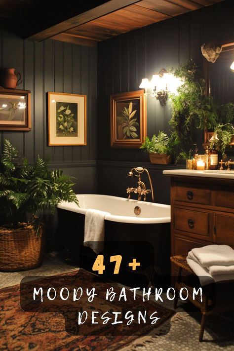 Explore 47 dark and dreamy bathroom ideas that evoke mystery and allure. Featuring deep hues and ambient lighting, these designs captivate. Click to discover these moody inspirations and give your bathroom a unique and enchanting vibe! 🌑🛁 #DarkAndDreamy #MoodyBathroom #DeepHues #AmbientLighting #EnchantingVibe #HomeDesign #BathroomInspo Dark Academic Bathrooms, Dark Grey And Gold Bathroom, Traditional Shower Room Ideas, Bathroom Ideas With Accent Wall, Bathroom With Dark Accents, Modern Boho Powder Room, Boho Dark Bathroom, Moody Cabin Bathroom, Dark Gray Walls Bathroom