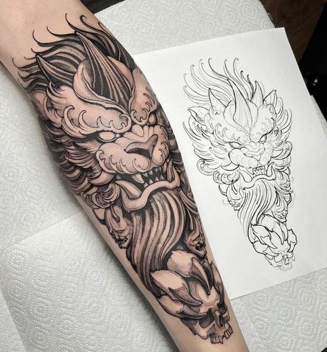 Foo Dog Forearm Tattoo Design, Tattoo Ideas Arms Men, Japanese Style Lion Tattoo, Shin Tattoo Men Japanese, Fu Dog Tattoo Forearm, Lion Tattoo Japanese, Chinese Lion Tattoo Design, Asian Lion Tattoo, Foo Dog Tattoo Design Sleeve