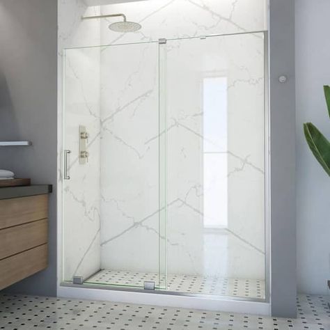 DreamLine Mirage-X 56 in. to 60 in. x 72 in. Semi-Frameless Sliding Shower Door in Brushed Nickel SHDR-1960723R-04 - The Home Depot Brushed Nickel Shower Door, Tub To Shower Remodel, Frameless Sliding Shower Doors, Transitional Decor Style, Frameless Shower Door, Bathtub Doors, Tub Doors, Tub Shower Doors, Frameless Shower Doors