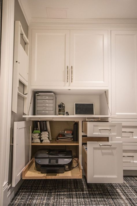 Built In Desk Desk Made From Kitchen Cabinets, Kitchen Computer Nook, Kitchen Desk Built In, Built In Buffet With Desk, Pantry With Desk Area, Built In Desk In Kitchen, Study Built Ins, Male Home Office, Gray Room Ideas