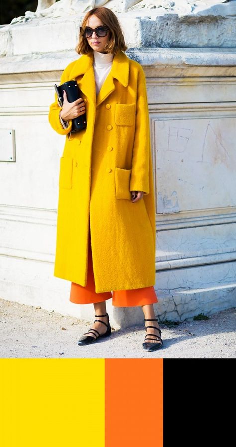 Yellow/Tangerine/Black Mustard Coat, How To Wear Culottes, Street Style 2016, Yellow Coat, Winter Color, Mellow Yellow, Street Style Looks, Street Style Outfit, Coat Fashion