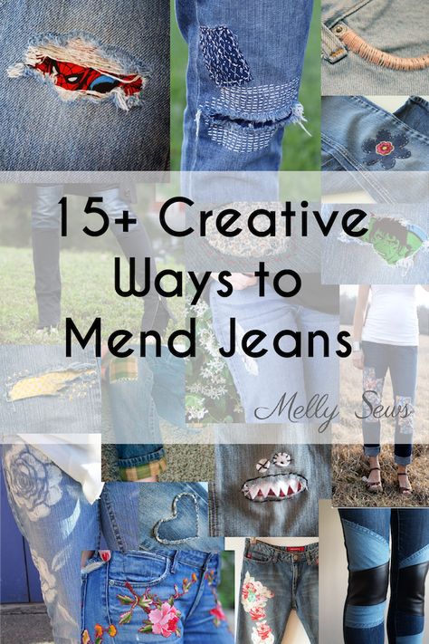 Creative Jeans Mending Tutorials - sewing inspiration roundup from Melly Sews - diy fashion fixes Cool Ways To Patch Holes In Jeans, Fun Patches For Jeans, Creative Jean Patching, How To Mend Jeans With Embroidery, Cute Patches For Jeans, Blue Jean Patches Ideas, Mending Kids Jeans, Distressed Jeans Patching, Patch Ripped Jeans Diy