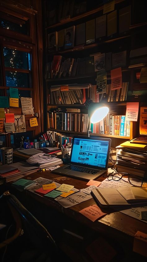 Cozy Study Corner: A warmly lit desk cluttered with books and papers, nestled in a cozy, book-filled study. #study #books #desk #lamp #cozy #aiart #aiphoto #stockcake ⬇️ Download and 📝 Prompt 👉 https://ayr.app/l/4eVm Cozy Study Aesthetic, Cozy Study, Writing Corner, Study Books, Corner Ideas, Cozy Desk, Study Corner, Bedroom Desk, Desk Ideas