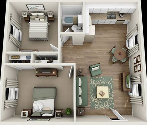 2 bedroom apartment 2 Bedroom Apartment Floor Plan, Small Apartment Floor Plans, Small Apartment Layout, Desain Pantry, 3d Floor Plan, Tiny House Layout, House Floor Design, 2 Bedroom Flat, Tiny Apartments