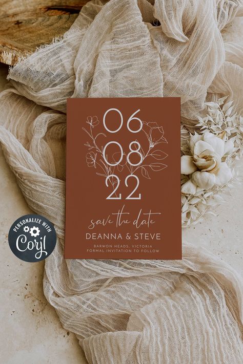 Rustic Boho Save The Date, Boho Save The Date Invitations, Rust Save The Date, Save The Date Ideas Fall Wedding, Save The Date Ideas Boho, Rust Wedding Invites, Fall Wedding Save The Date Ideas, Terracotta Save The Date, Save The Date Without Photo