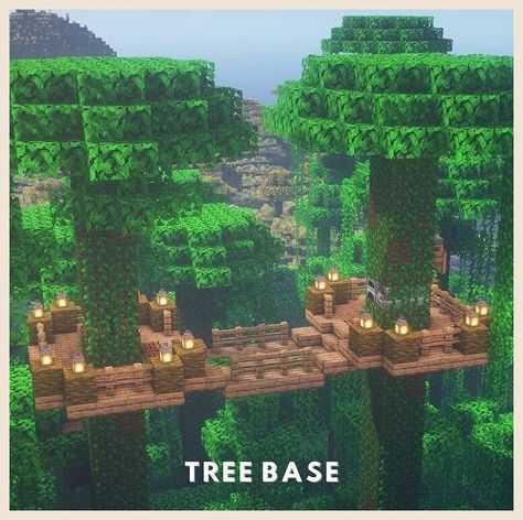 Treehouse Base Minecraft, Treehouse Minecraft Ideas Jungle, Minecraft Tree Bridge, Minecraft Treehouse Village, Minecraft Jungle Bridge, Minecraft Tree Base, Minecraft Jungle Village Ideas, Jungle Biome Minecraft, Jungle Biome Houses Minecraft