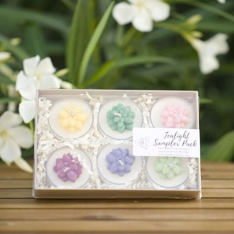 HIgh-quality soy scented tealight sampler pack, 6 scents in a box. Tealight Packaging, Candles Packing, Candle Packing, Berry Bouquet, Boxes Ideas, Making Candle, Golden Ribbon, Fragrance Oil Blends, Aesthetic Candles