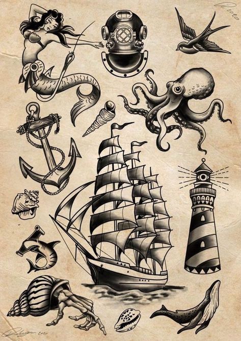 Nautical Tattoo Flash, Traditional Nautical Tattoo, Nautical Tattoo Sleeve, Tato Maori, Sailor Jerry Tattoo Flash, Desenhos Old School, Traditional Tattoo Drawings, Tato Tradisional, Tato Suku