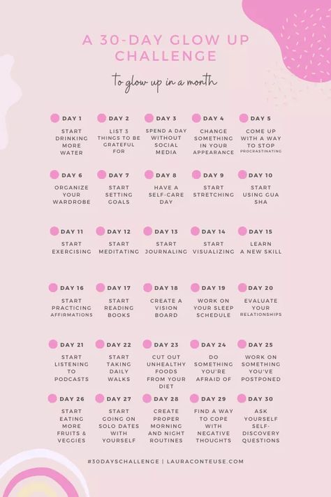 Participate in a 30-Day Glow-Up Challenge 30 Day Glow Up Challenge, Glow Up Challenge, Post Break Up, Body Glow, Turn Your Life Around, The Glow Up, Self Care Bullet Journal, Relationship Challenge, Day Glow