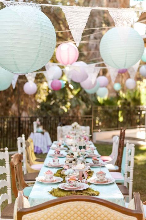 Dining Table from a Shabby Chic Alice In Wonderland Birthday Party via Kara's Party Ideas KarasPartyIdeas.com (50) Shabby Chic Birthday, Shabby Chic Party, Ladies Tea, Alice In Wonderland Birthday, Garden Party Decorations, Alice In Wonderland Tea Party, Fiesta Baby Shower, Tea Party Garden, Alice In Wonderland Party