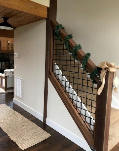 Mesh Railing, Wild Hog Railing, Diy Stair Railing, Metal Deck Railing, Rustic Staircase, Indoor Railing, Outdoor Stair Railing, House Awnings, Rustic Stairs