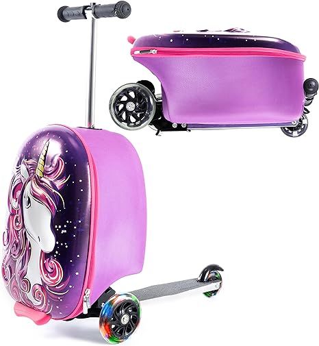 KIDDIETOTES 3-D Hardshell Ride On Suitcase Scooter for Kids - Cute Lightweight Kids Luggage with Wheels - Fun LED Lights #ad Suitcase Scooter, Scooter Suitcase, Kids Travel Bags, Independent Toddler, Adventure Essentials, Hardside Luggage, Unicorn Kids, Kids Scooter