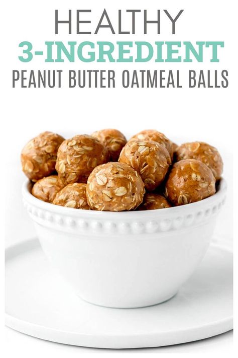 These 3-ingredient Peanut Butter Oatmeal Balls are a delicious no-bake snack or treat! Made with oats, peanut butter and honey, they're super easy, healthy and a great make-ahead option! {Gluten-free, dairy-free & vegetarian} Oatmeal Balls No Bake, Peanut Butter Oatmeal Balls, Honey Snacks, Oatmeal Balls, Peanut Butter And Honey, Oats Peanut Butter, Healthy Oatmeal Recipes, Peanut Butter Oats, Peanut Butter No Bake