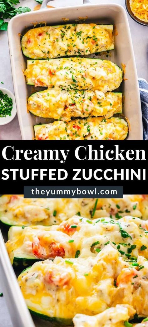 Creamy Chicken Stuffed Zucchini Boats (perfect for a two-person dinner!) are filled with the flavors of chicken parmesan. Easy and beautiful looking dinner that everyone in your family or friends will love. Simple to make ahead, and also these zucchinis freeze well and can be quickly reheated in the oven, stovetop, or microwave. Creamy Chicken Zucchini Recipes, Cooked Chicken Zucchini Recipes, Chicken Parmesan Zucchini Boats Recipe, Squash Boats Stuffed With Chicken, Spinach And Artichoke Stuffed Zucchini Boats, Chicken Parm Stuffed Zucchini Boats, Easy Chicken And Zucchini Dinner, Chicken Zucchini Boat Recipes, Keto Chicken Zucchini Recipes