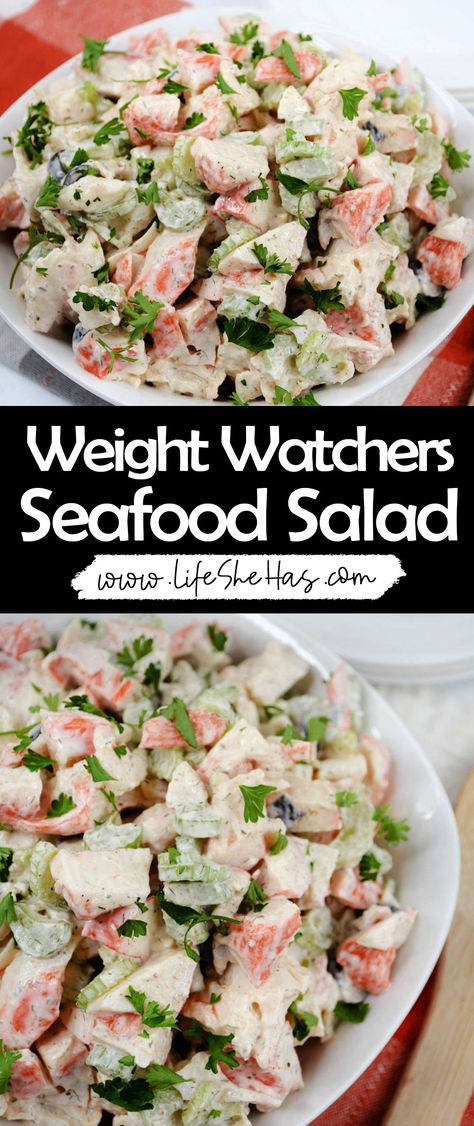 Seafood Salad - Life She Has Weight Watchers Seafood Salad, Low Calorie Crab Salad, Healthy Seafood Salad Recipes, Homemade Seafood Salad, Cottage Cheese Shrimp Salad, Weight Watchers Crab Salad, Easy Seafood Salad Recipe, Crab Salad Healthy, Keto Cold Salad Recipes