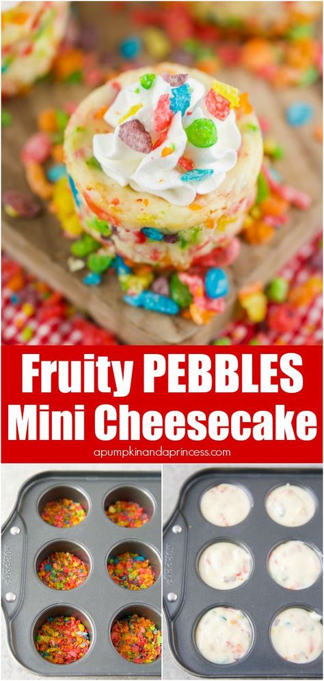 Fruity Pebble Cheesecake, Desserts Quick, Mini Cheesecakes Easy, Cheesecake Desserts Recipes, Mini Cheesecake Bites, Cheesecake Easy, Yummy Cheesecake, Cereal Dessert, Mini Cheesecake Recipes