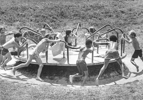 Kids take time out from swimming and pitch in to get a merry-go-round whirling on the playground at Highland Park. Merry Go Round Playground, Vintage Playground, Elementary School Playground, Children's Games, Retro Collage, Play Ground, Living Vintage, School Playground, Last Day Of Summer