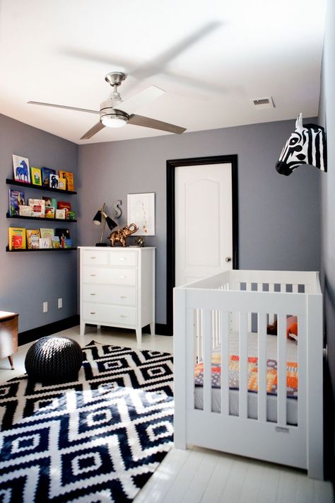 Black, white & gray graphic nursery love the black trim and white painted floors for the boys' bedroom Painted Bedroom Furniture, Black Bedroom Furniture, Gray Walls, Children's Bedrooms, White Nursery, Baby Rooms, Yellow Bedroom, Bedroom Black, White Floors